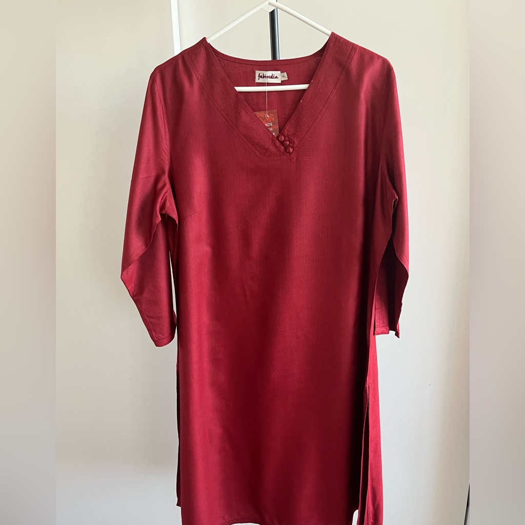 Nwt Fabindia Kurta Long Tunic Rust Blood Red Silk Blend Wedding Party Dres Xl